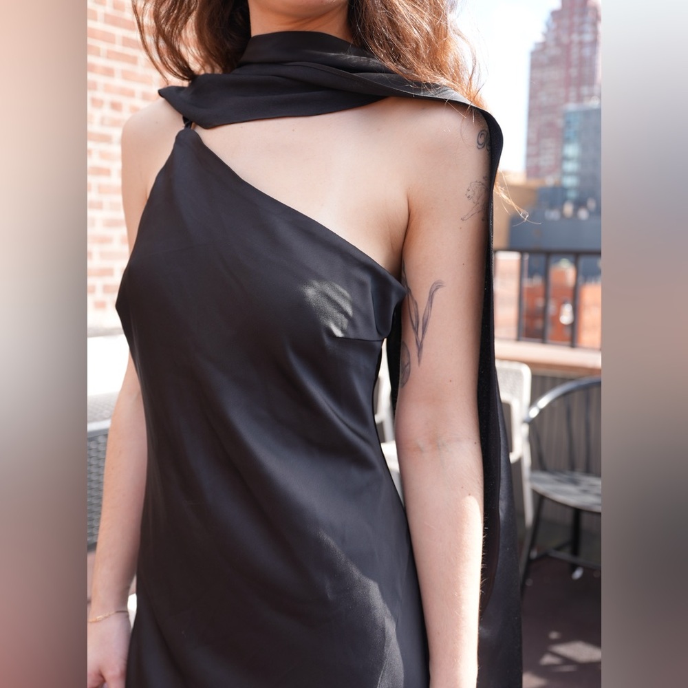 Black One Shoulder Satin Slip Dress Maxi Minimalist Evening Gown